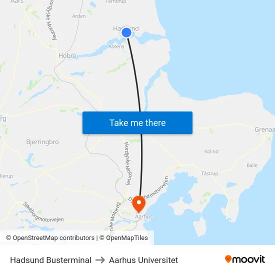 Hadsund Busterminal to Aarhus Universitet map