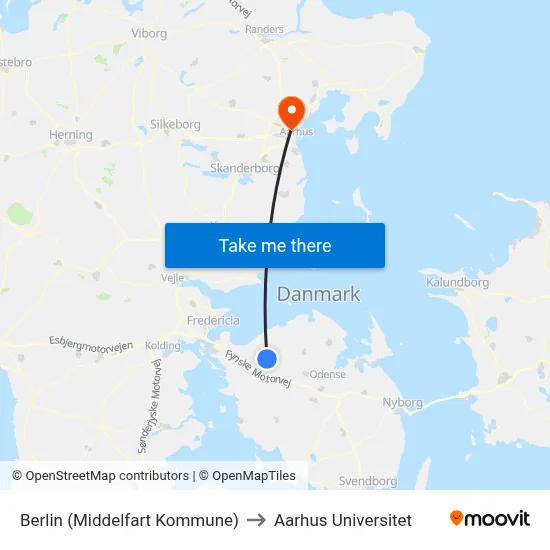 Berlin (Middelfart Kommune) to Aarhus Universitet map
