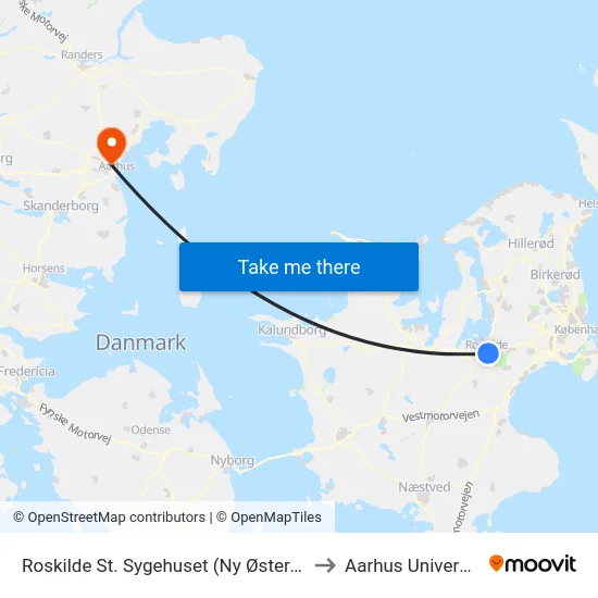Roskilde St. Sygehuset (Ny Østergade) to Aarhus Universitet map