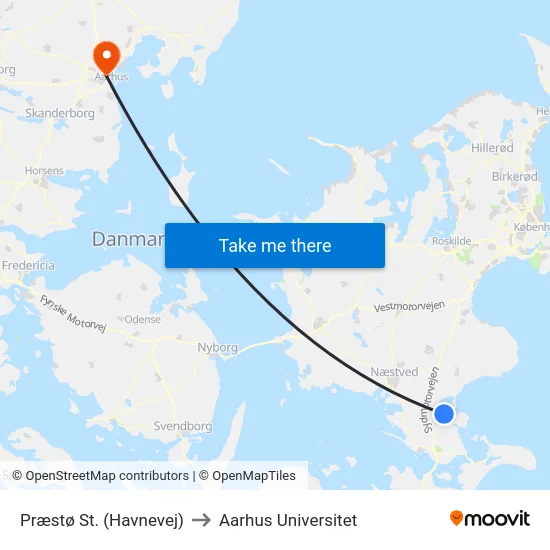 Præstø St. (Havnevej) to Aarhus Universitet map