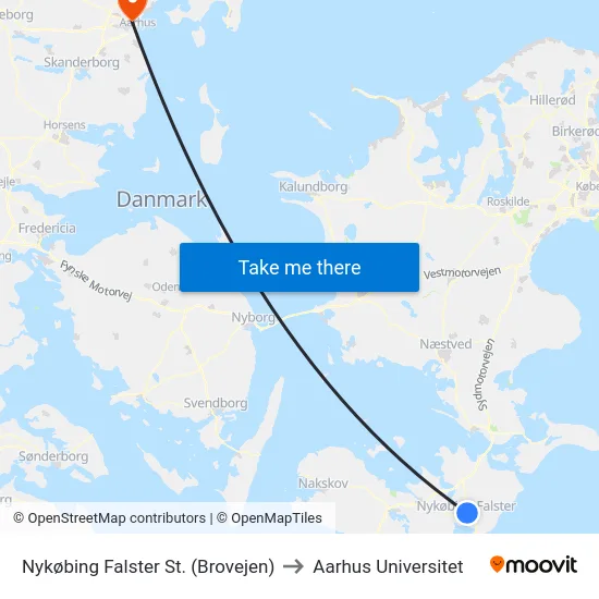 Nykøbing Falster St. (Brovejen) to Aarhus Universitet map