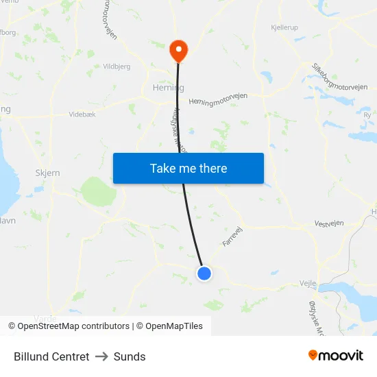 Billund Centret to Sunds map