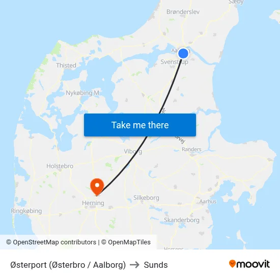 Østerport (Østerbro / Aalborg) to Sunds map