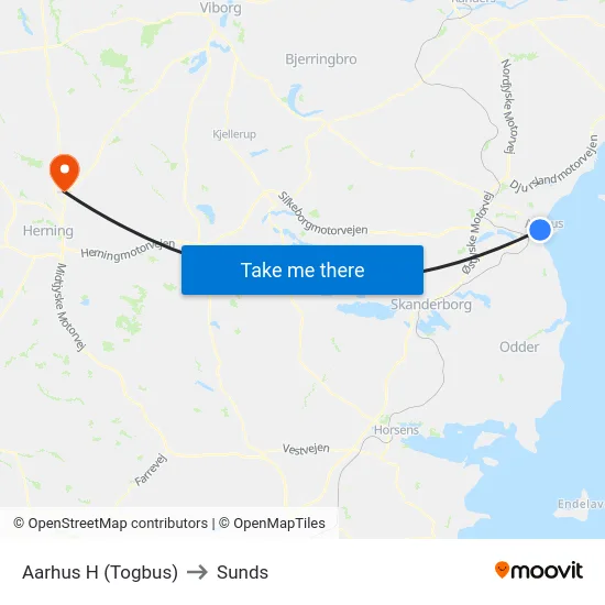 Aarhus H (Togbus) to Sunds map