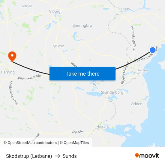 Skødstrup (Letbane) to Sunds map
