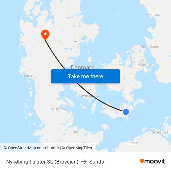 Nykøbing Falster St. (Brovejen) to Sunds map