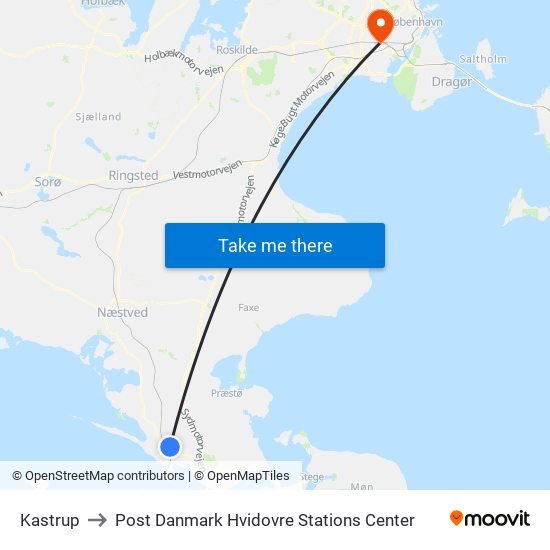 Kastrup to Post Danmark Hvidovre Stations Center map