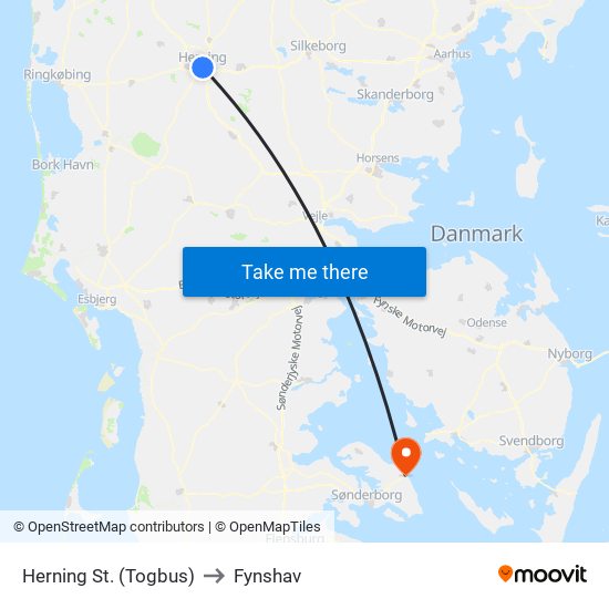 Herning St. (Togbus) to Fynshav map