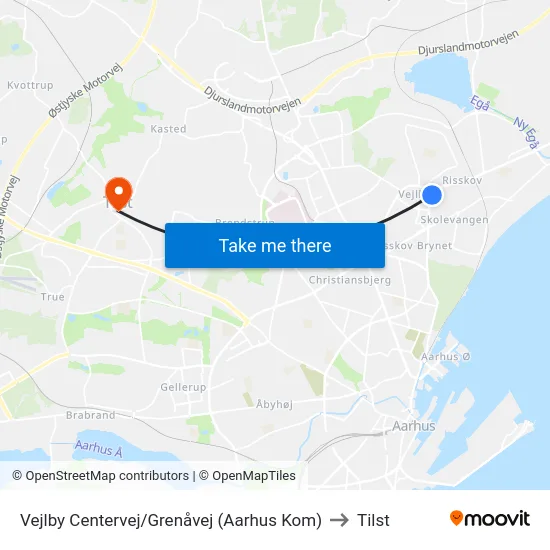 Vejlby Centervej/Grenåvej (Aarhus Kom) to Tilst map