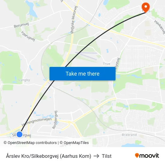 Årslev Kro/Silkeborgvej (Aarhus Kom) to Tilst map