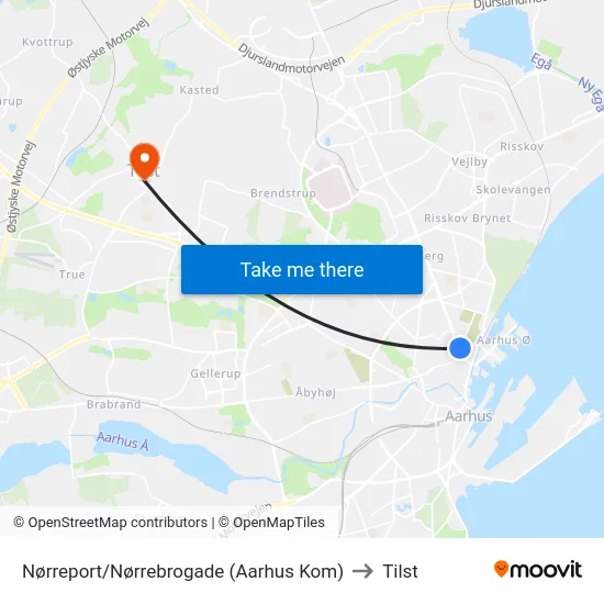 Nørreport/Nørrebrogade (Aarhus Kom) to Tilst map