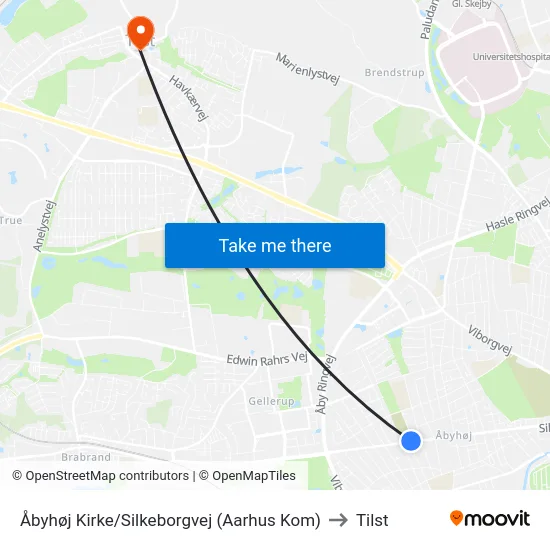 Åbyhøj Kirke/Silkeborgvej (Aarhus Kom) to Tilst map