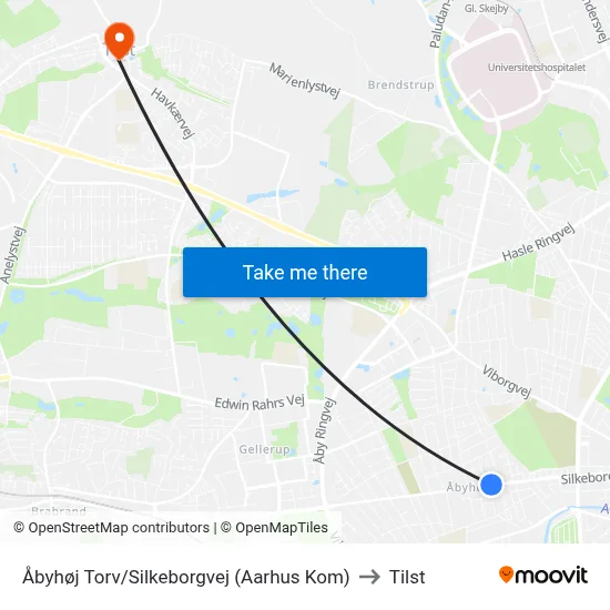 Åbyhøj Torv/Silkeborgvej (Aarhus Kom) to Tilst map