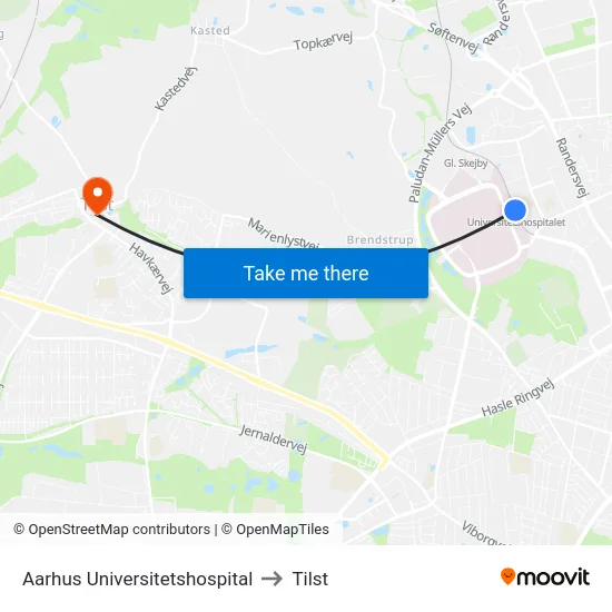 Aarhus Universitetshospital to Tilst map