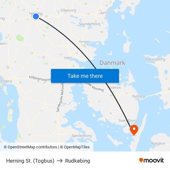 Herning St. (Togbus) to Rudkøbing map