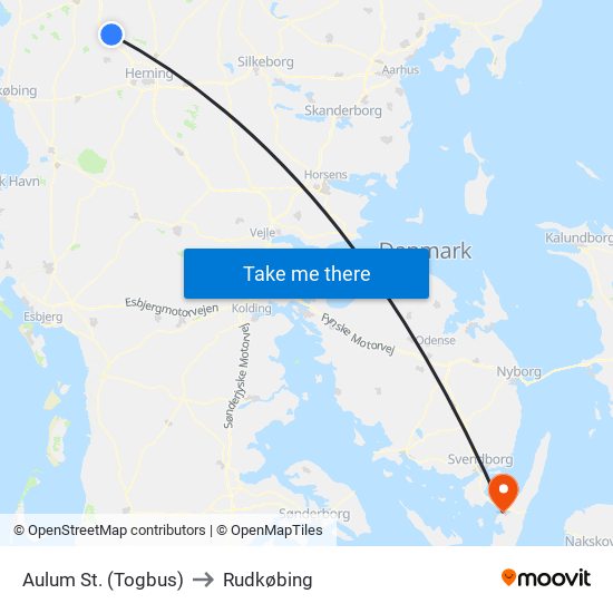 Aulum St. (Togbus) to Rudkøbing map