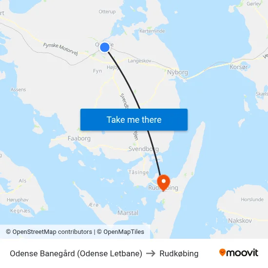 Odense Banegård (Odense Letbane) to Rudkøbing map