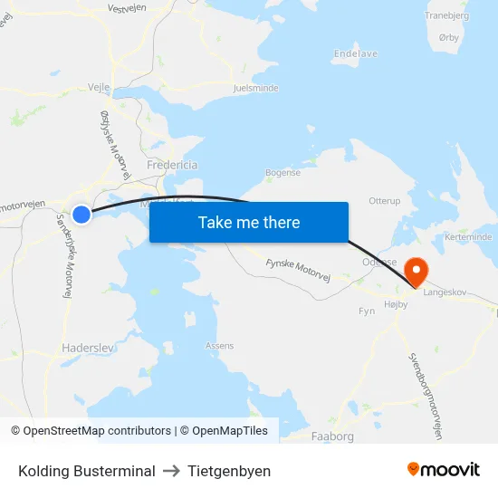 Kolding Busterminal to Tietgenbyen map