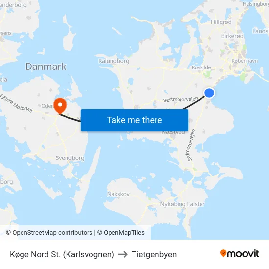 Køge Nord St. (Karlsvognen) to Tietgenbyen map