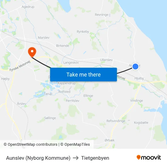 Aunslev (Nyborg Kommune) to Tietgenbyen map