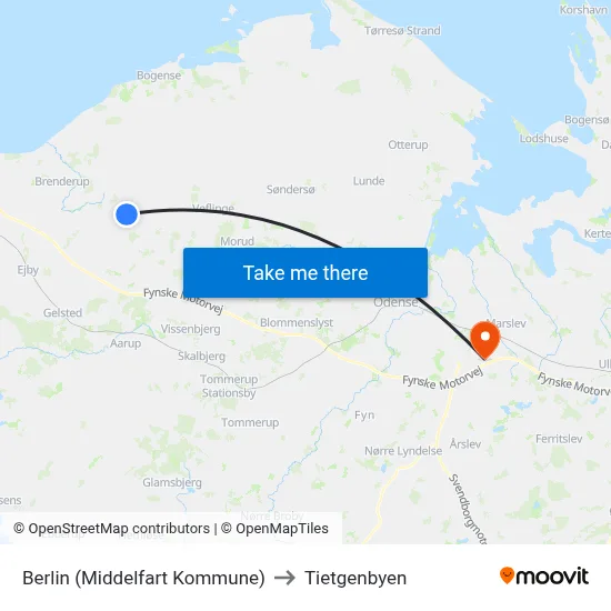 Berlin (Middelfart Kommune) to Tietgenbyen map