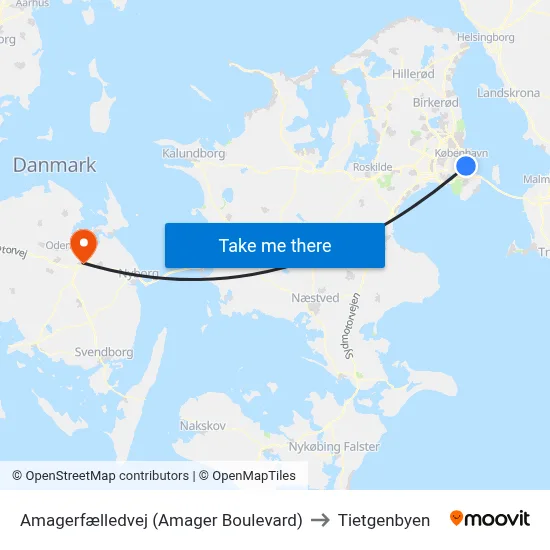 Amagerfælledvej (Amager Boulevard) to Tietgenbyen map