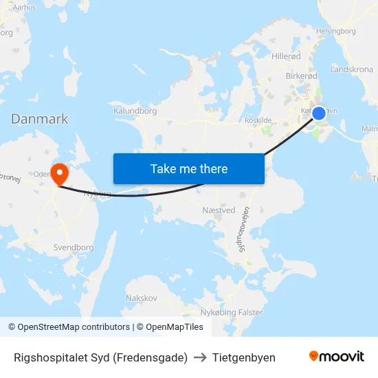 Rigshospitalet Syd (Fredensgade) to Tietgenbyen map