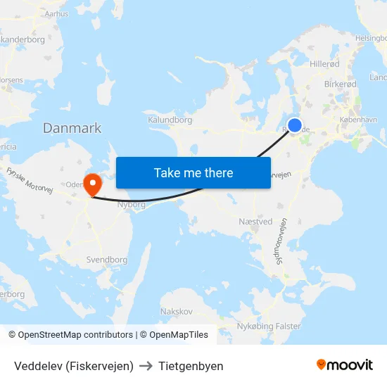 Veddelev (Fiskervejen) to Tietgenbyen map