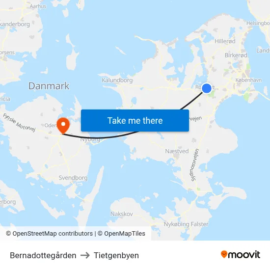 Bernadottegården to Tietgenbyen map
