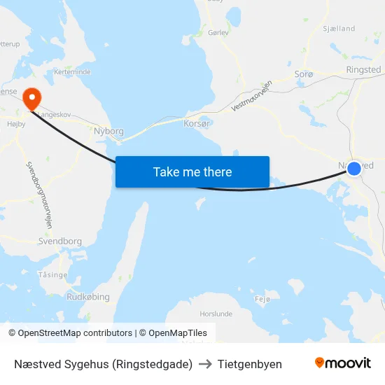 Næstved Sygehus (Ringstedgade) to Tietgenbyen map