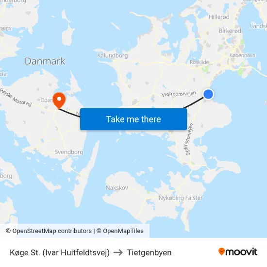 Køge St. (Ivar Huitfeldtsvej) to Tietgenbyen map