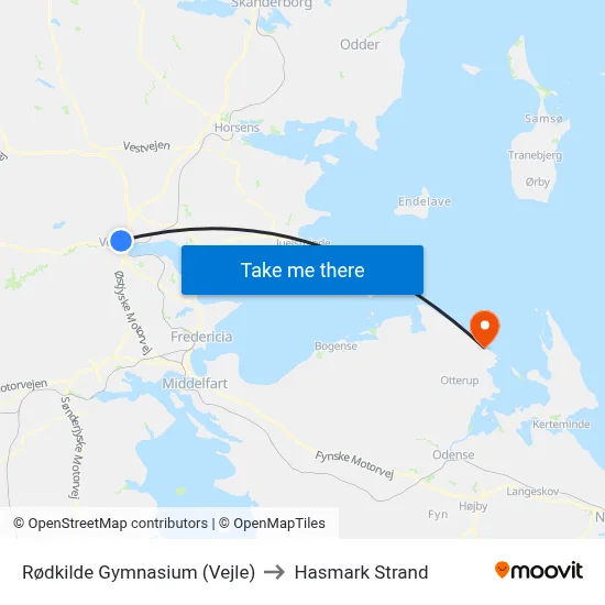 Rødkilde Gymnasium (Vejle) to Hasmark Strand map