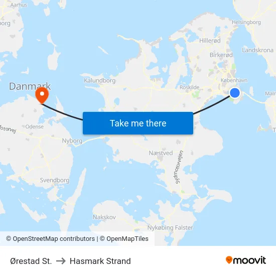 Ørestad St. to Hasmark Strand map