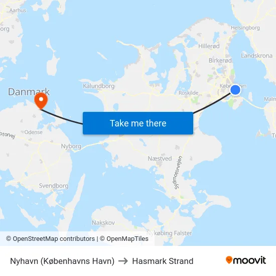 Nyhavn (Københavns Havn) to Hasmark Strand map