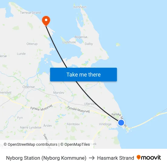Nyborg Station (Nyborg Kommune) to Hasmark Strand map