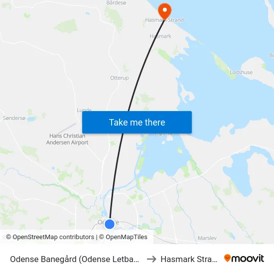 Odense Banegård (Odense Letbane) to Hasmark Strand map