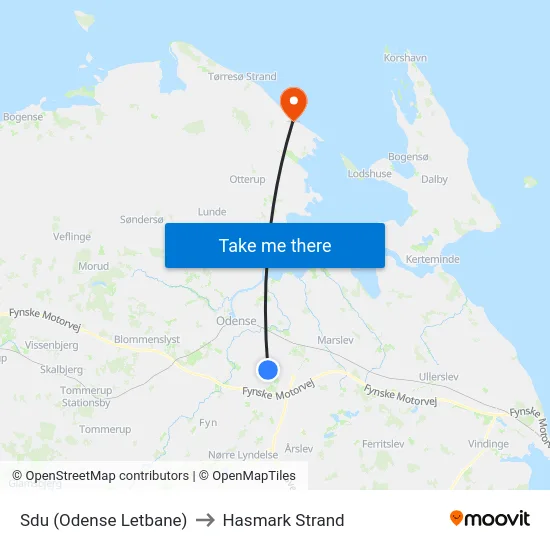 Sdu (Odense Letbane) to Hasmark Strand map