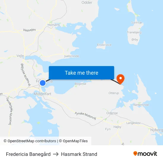 Fredericia Banegård to Hasmark Strand map