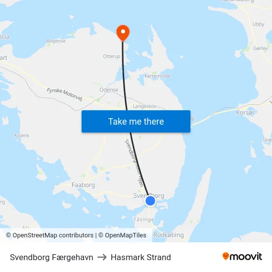 Svendborg Færgehavn to Hasmark Strand map