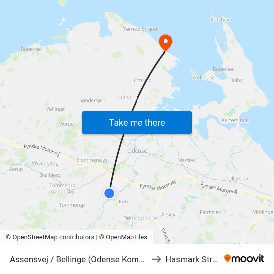 Assensvej / Bellinge (Odense Kommune) to Hasmark Strand map