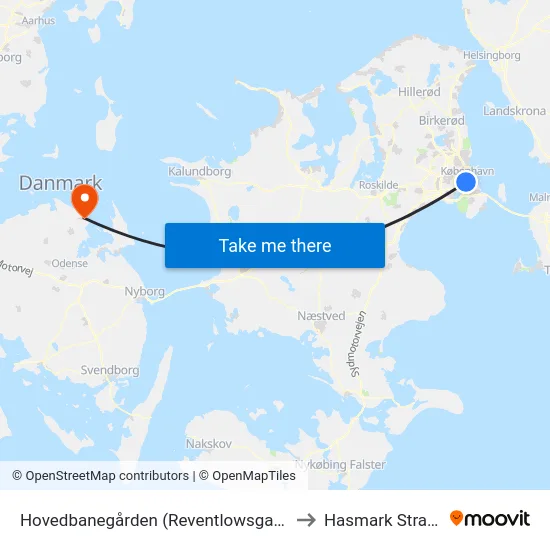 Hovedbanegården (Reventlowsgade) to Hasmark Strand map