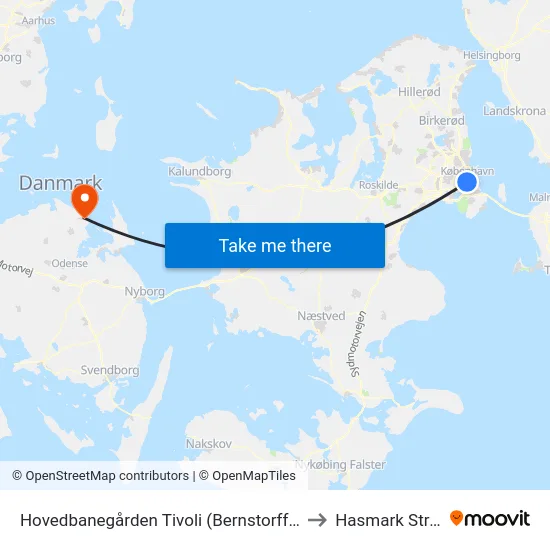 Hovedbanegården Tivoli (Bernstorffsgade) to Hasmark Strand map