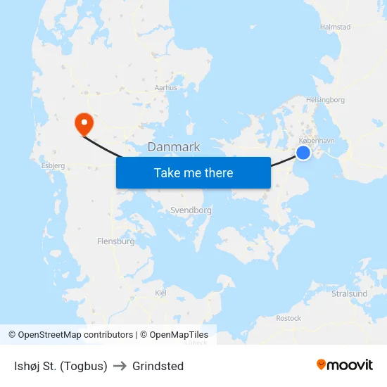 Ishøj St. (Togbus) to Grindsted map