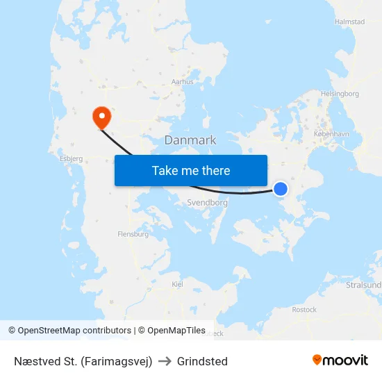 Næstved St. (Farimagsvej) to Grindsted map