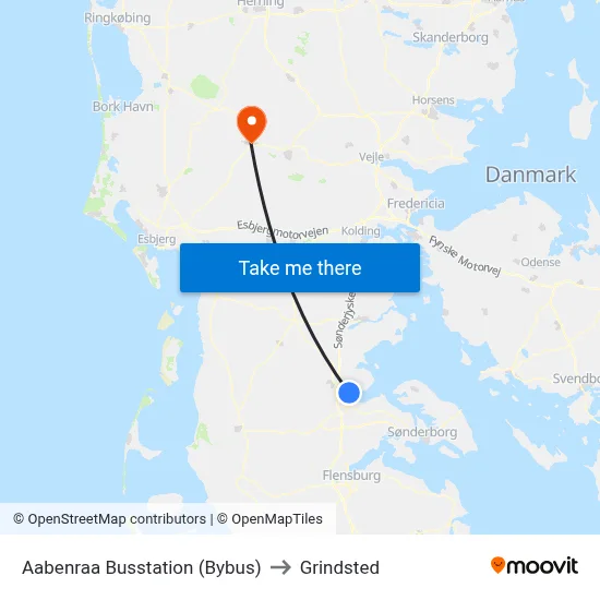 Aabenraa Busstation (Bybus) to Grindsted map