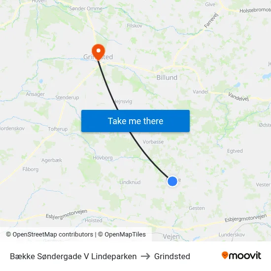 Bække Søndergade V Lindeparken to Grindsted map