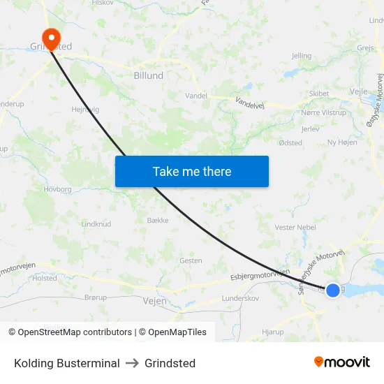 Kolding Busterminal to Grindsted map