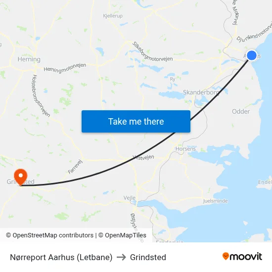 Nørreport Aarhus (Letbane) to Grindsted map