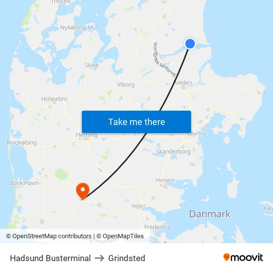 Hadsund Busterminal to Grindsted map