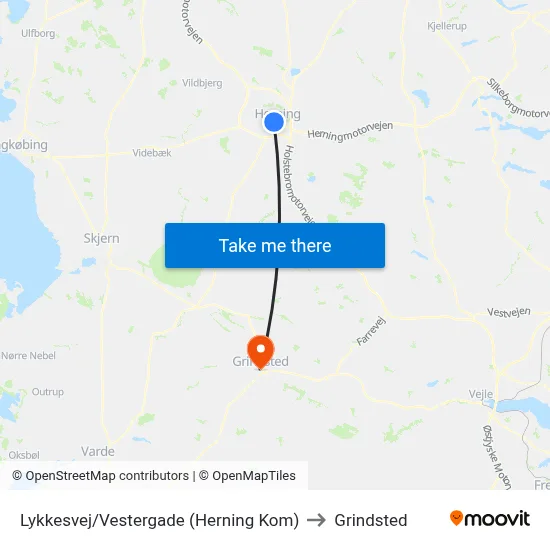 Lykkesvej/Vestergade (Herning Kom) to Grindsted map